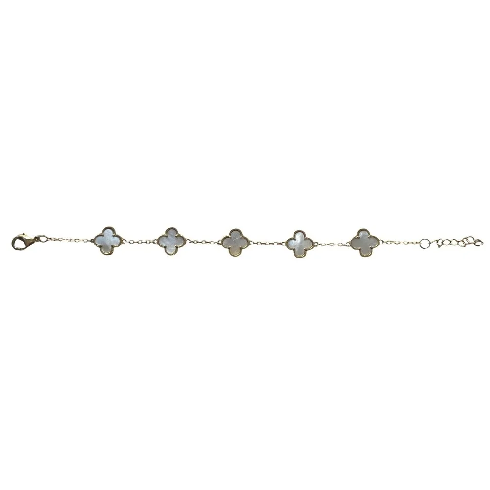 Gold Tone Pearl Like Five Motif Clover Chain Bracelet Small Wrist